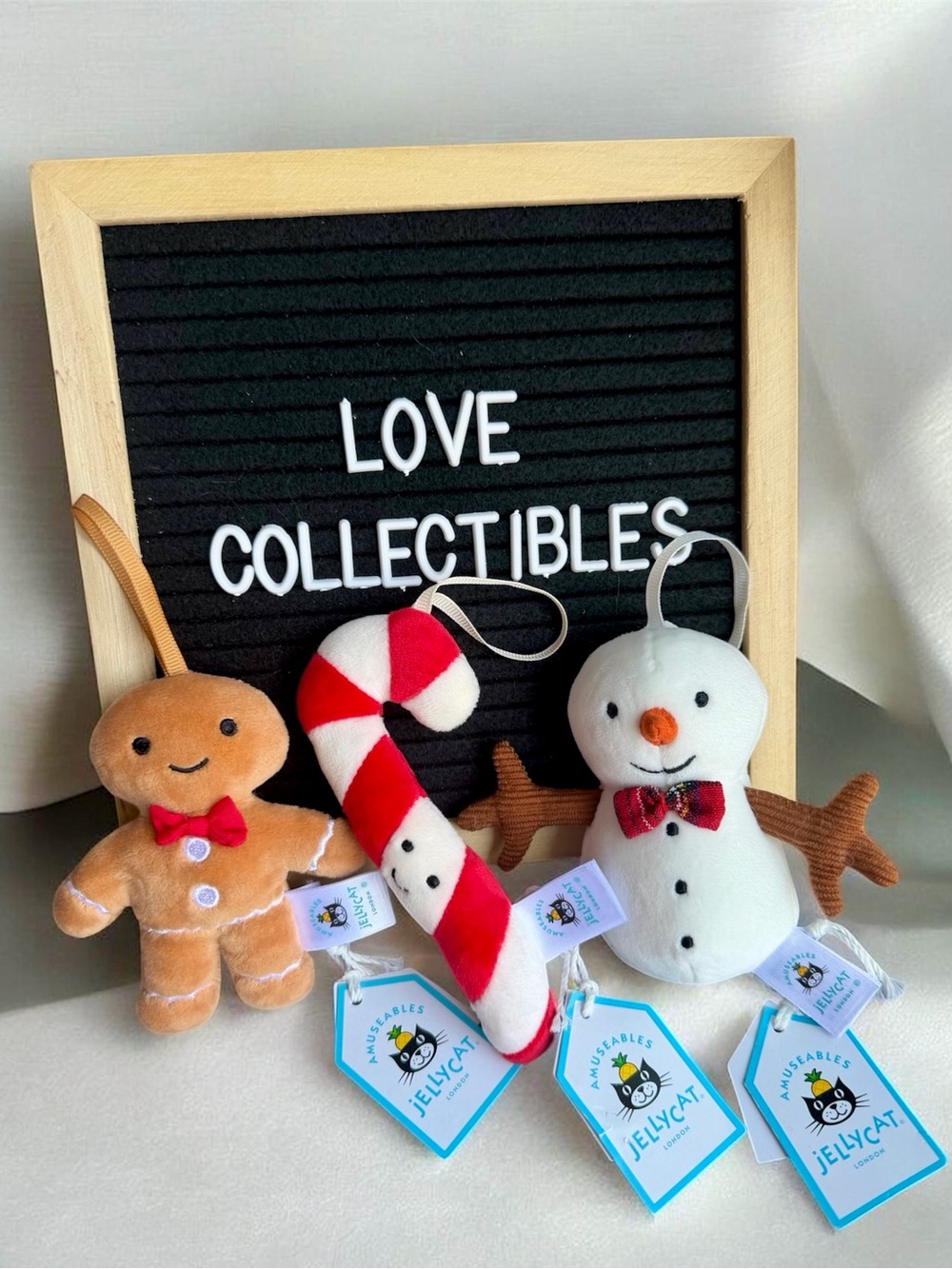 Authentic Jellycat Holiday Plush Trio - Gingerbread, Candy Cane & Snowman